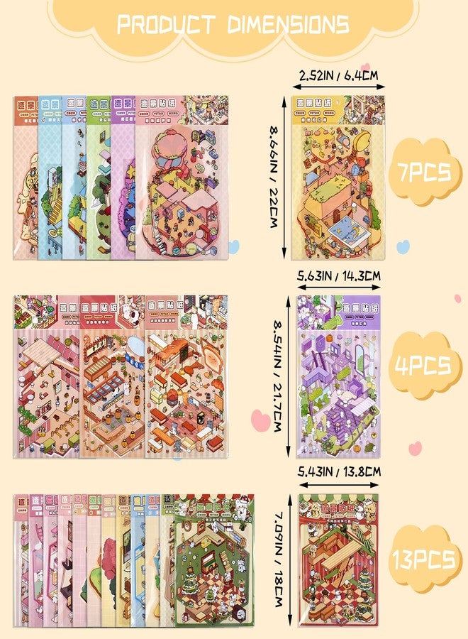 Aifong 24 Sets DIY 3D Sticker Scene Sticker Therapy Cute Cartoon Stickers Scene Make Your Own Scenes Miniature Room for Relief Stress - Image 2